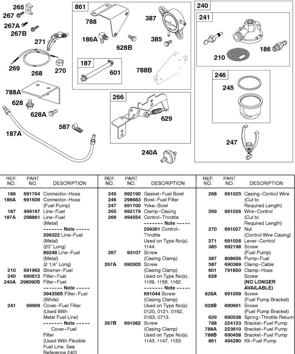 Fuel Filter, Fuel Pump, Fuel Line Diagram and Parts List for 243432-0737-XX  Briggs and Stratton Engine
